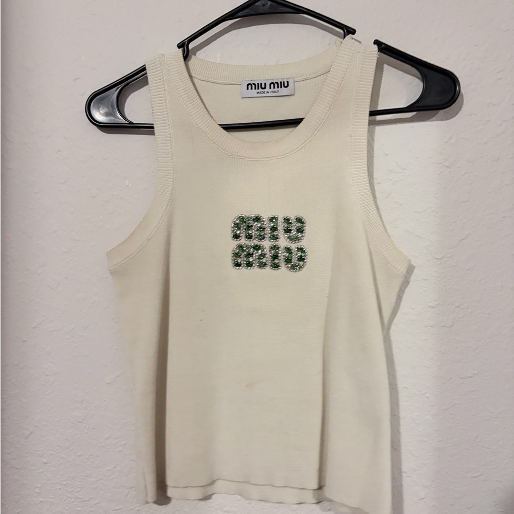 Miu Miu White Tank Top with Green Embellishments